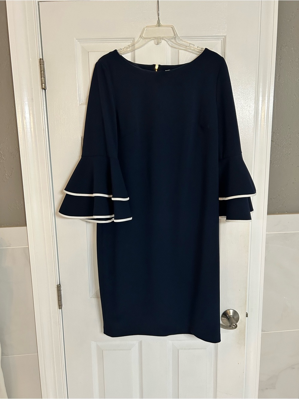 Calvin Klein Navy Shift Dress with Tiered Ruffle Sleeves and White Trim